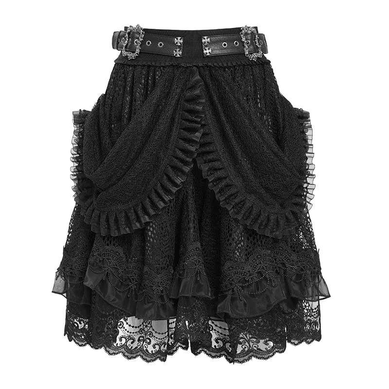 Gothic-Rock mit Schnallenriemen und mehrlagigem Saum für Damen, Schwarz