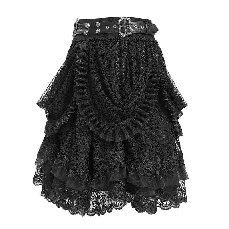 Gothic-Rock mit Schnallenriemen und mehrlagigem Saum für Damen, Schwarz