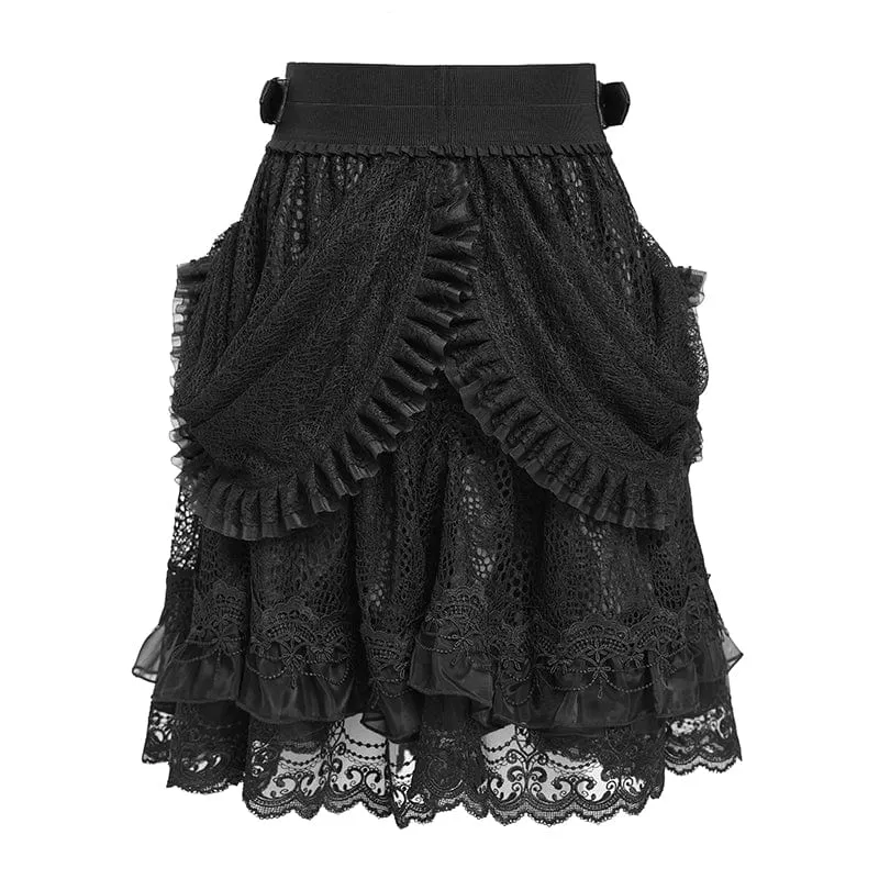 Gothic-Rock mit Schnallenriemen und mehrlagigem Saum für Damen, Schwarz