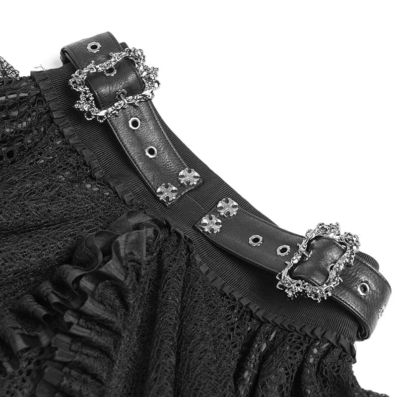 Gothic-Rock mit Schnallenriemen und mehrlagigem Saum für Damen, Schwarz
