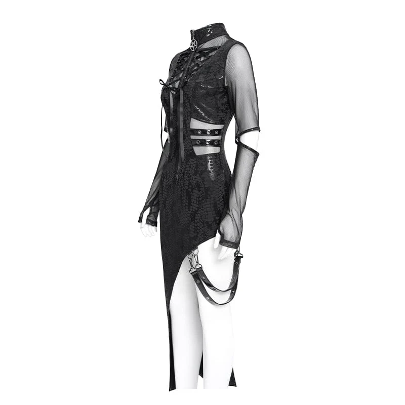 Damen Punk Mesh Splice Cutout Kleid mit abnehmbarem Träger