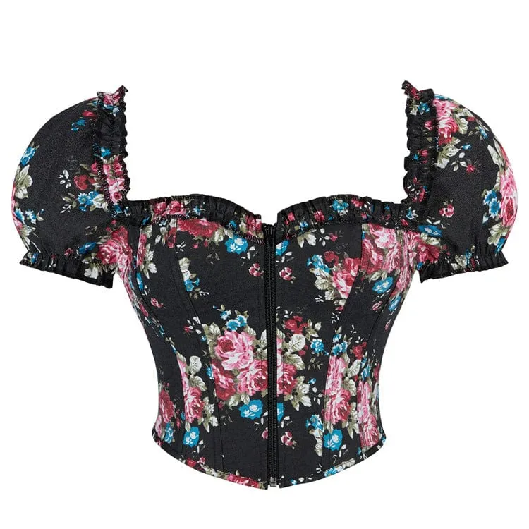 Gothic-Überbrustkorsett mit Puffärmeln und Blumenmuster für Damen