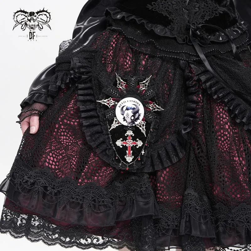 Damen Gothic Kreuz Spitze Rand Sarg-förmigen Brosche Abzeichen Holde