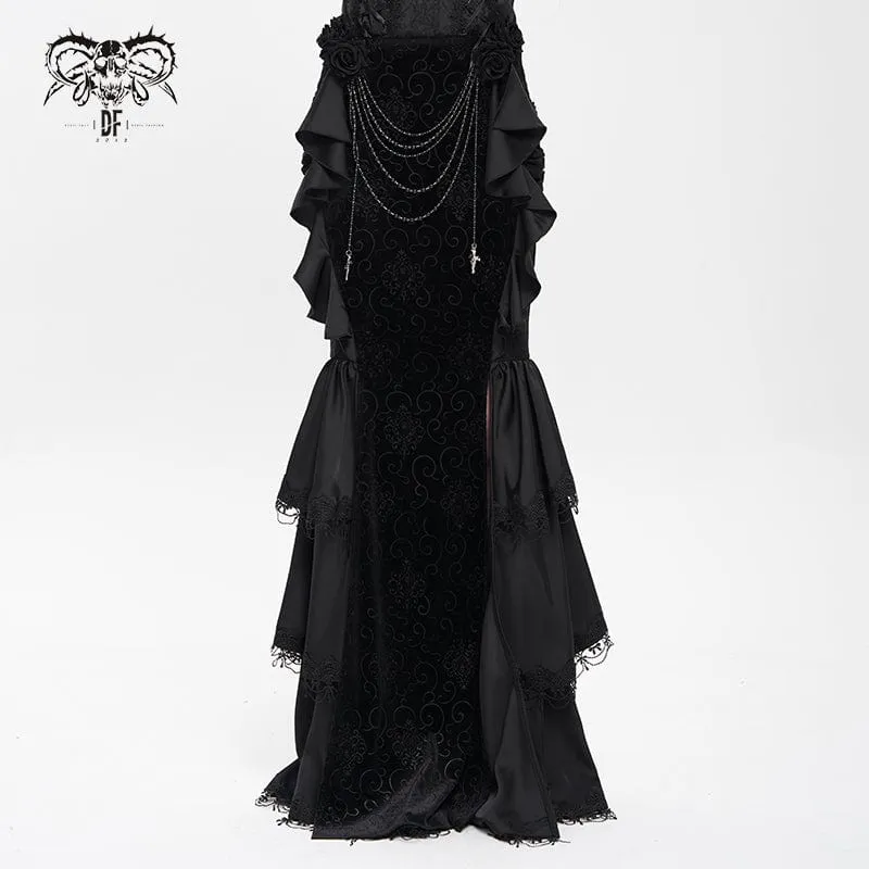 Gothic-Rock mit Blumenmuster und Rosenkette für Damen, Fischschwanz-Rock, Schwarz