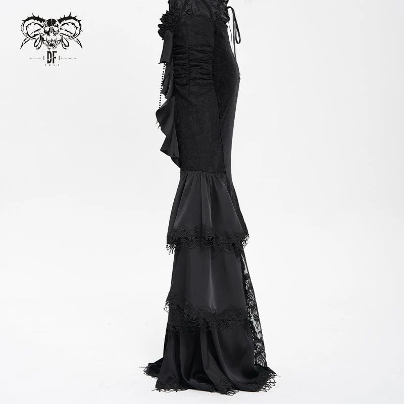 Gothic-Rock mit Blumenmuster und Rosenkette für Damen, Fischschwanz-Rock, Schwarz