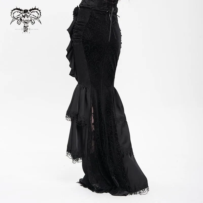 Gothic-Rock mit Blumenmuster und Rosenkette für Damen, Fischschwanz-Rock, Schwarz