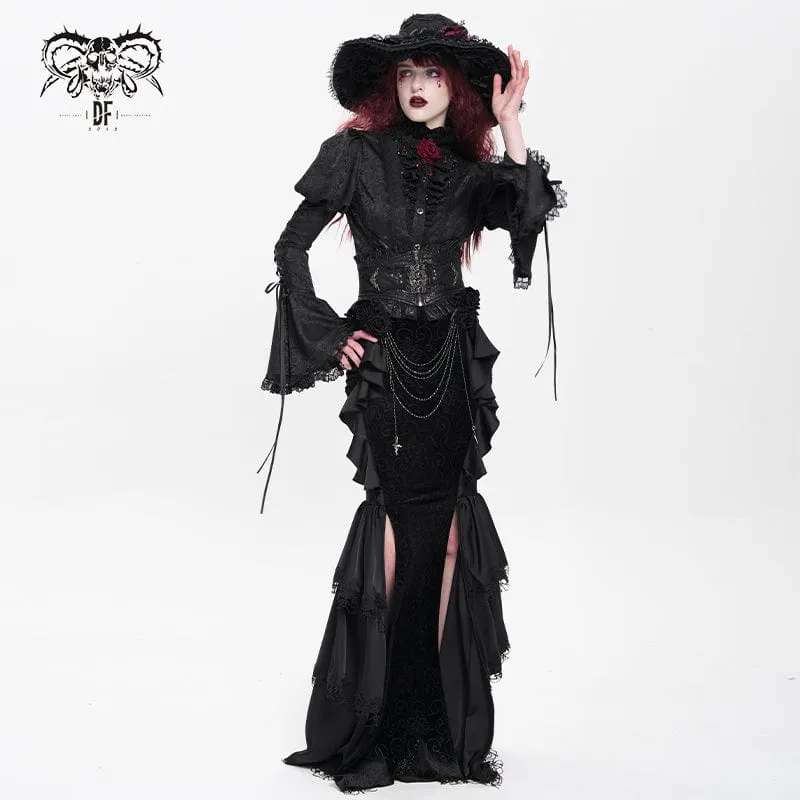 Gothic-Rock mit Blumenmuster und Rosenkette für Damen, Fischschwanz-Rock, Schwarz