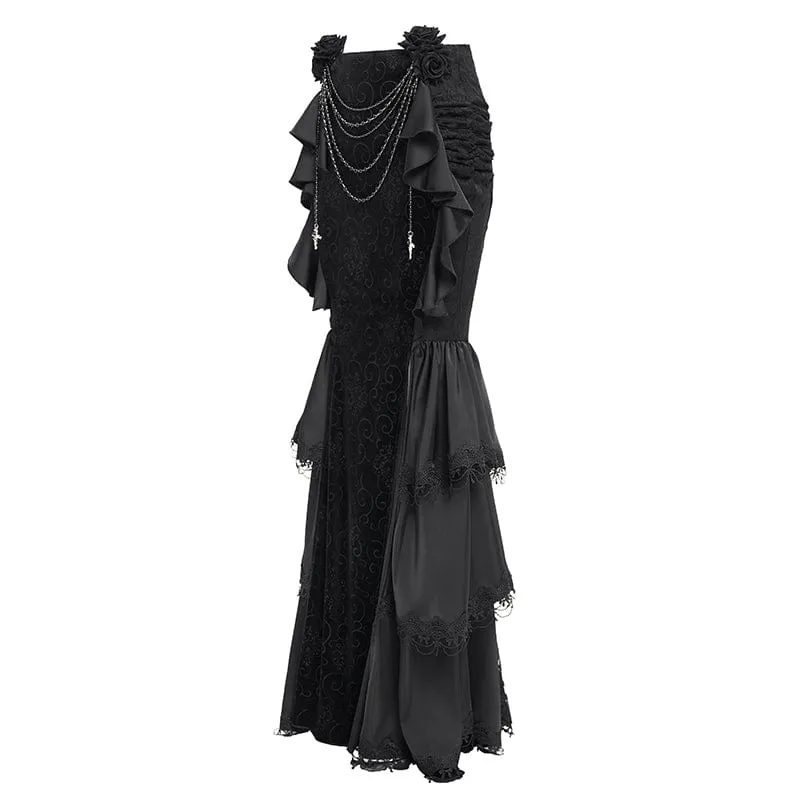 Gothic-Rock mit Blumenmuster und Rosenkette für Damen, Fischschwanz-Rock, Schwarz