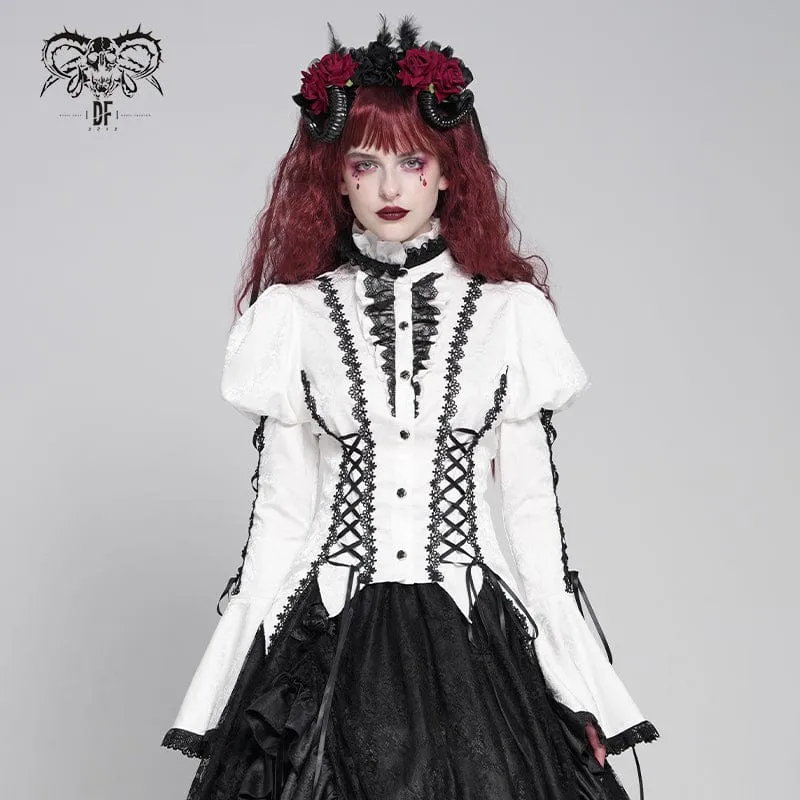 Gothic Floral Jacquard-Schnürhemd mit Puffärmeln für Damen Weiß