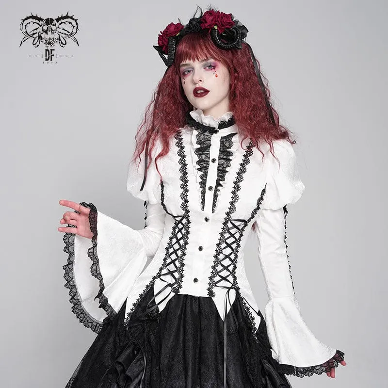 Gothic Floral Jacquard-Schnürhemd mit Puffärmeln für Damen Weiß