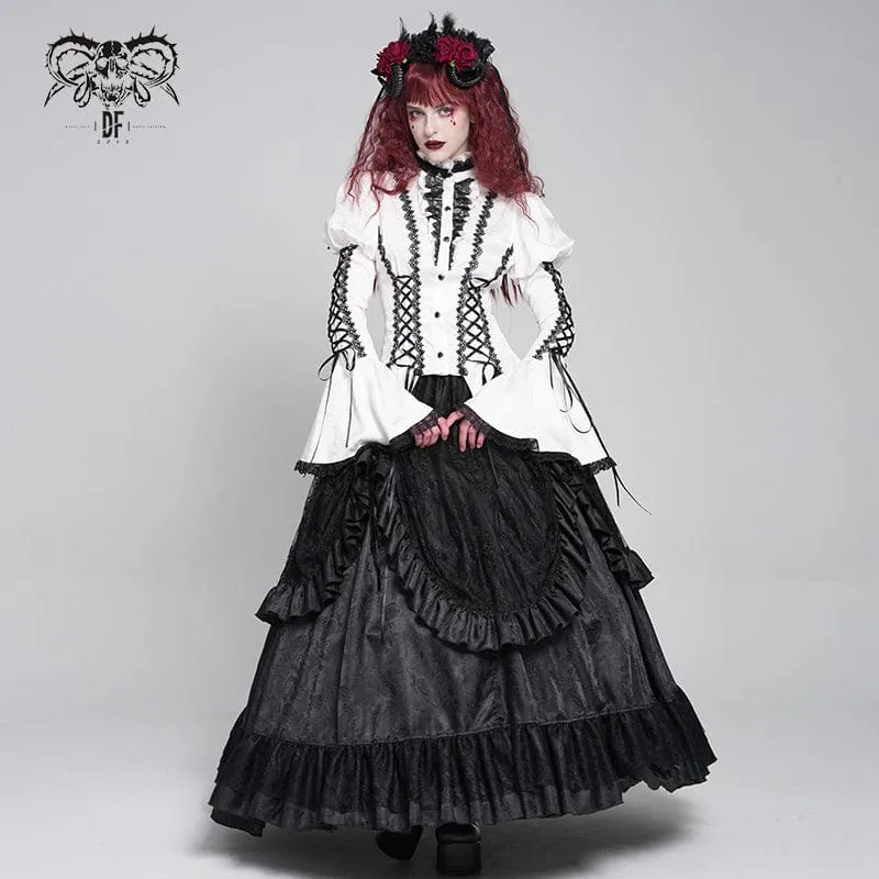 Gothic Floral Jacquard-Schnürhemd mit Puffärmeln für Damen Weiß