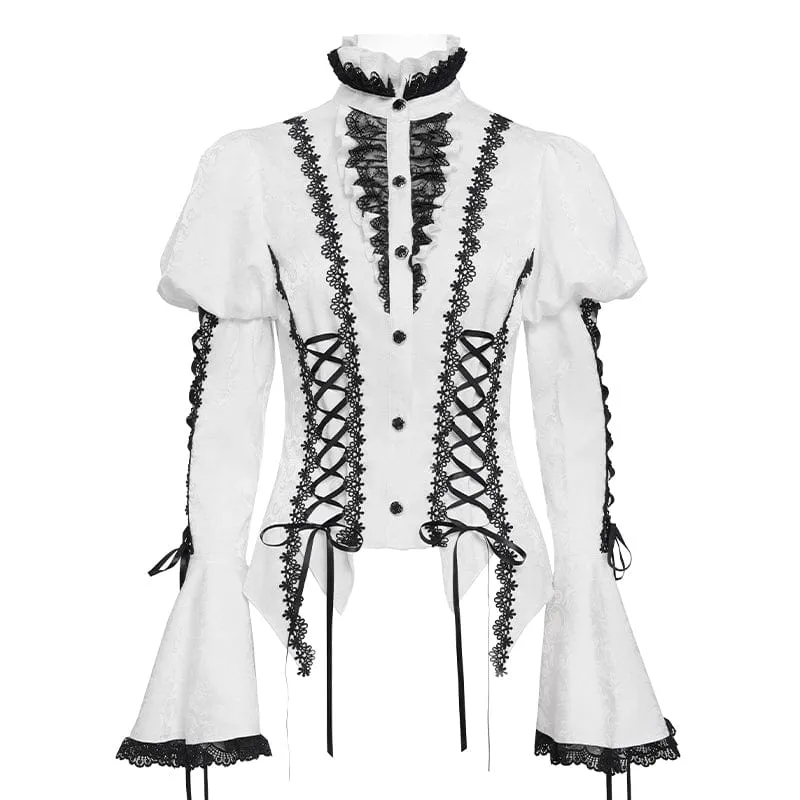 Gothic Floral Jacquard-Schnürhemd mit Puffärmeln für Damen Weiß