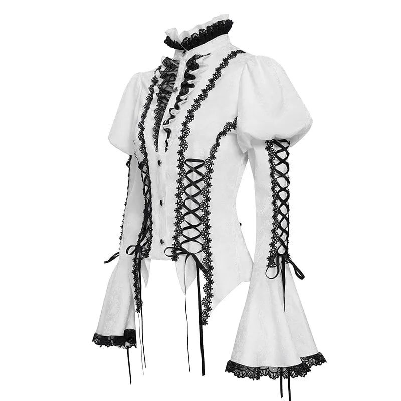 Gothic Floral Jacquard-Schnürhemd mit Puffärmeln für Damen Weiß