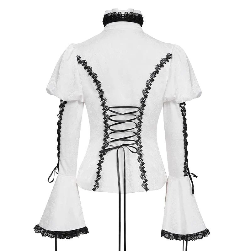 Gothic Floral Jacquard-Schnürhemd mit Puffärmeln für Damen Weiß