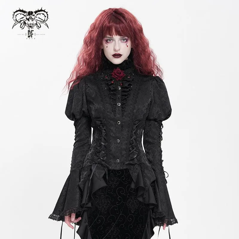 Gothic Floral Jacquard-Schnürhemd mit Puffärmeln für Damen Schwarz