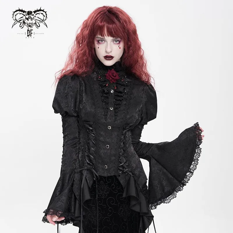 Gothic Floral Jacquard-Schnürhemd mit Puffärmeln für Damen Schwarz