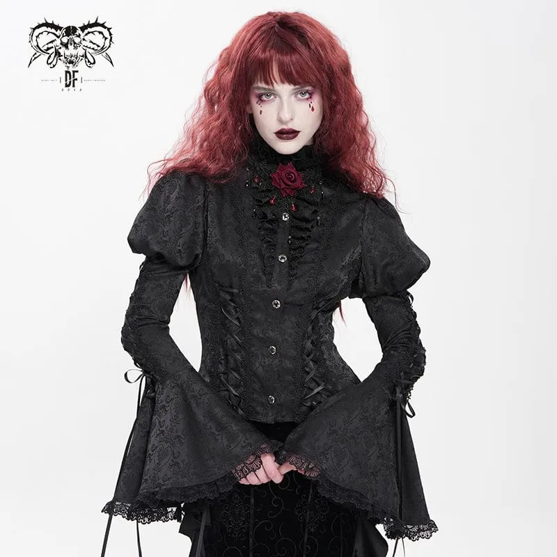 Gothic Floral Jacquard-Schnürhemd mit Puffärmeln für Damen Schwarz