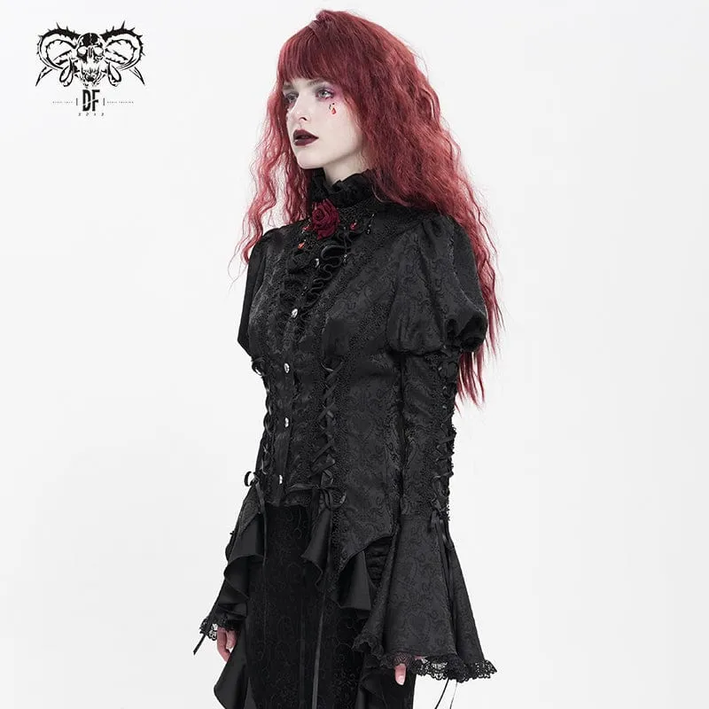 Gothic Floral Jacquard-Schnürhemd mit Puffärmeln für Damen Schwarz