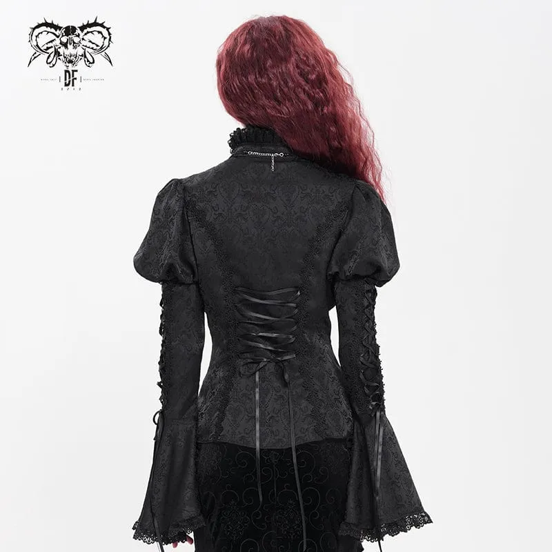 Gothic Floral Jacquard-Schnürhemd mit Puffärmeln für Damen Schwarz