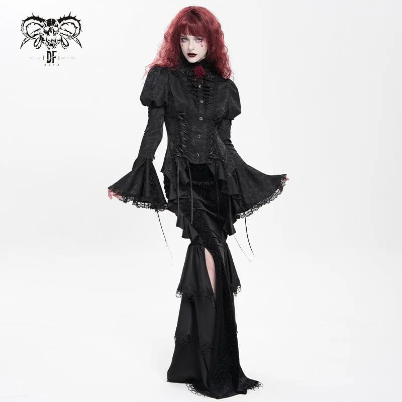 Gothic Floral Jacquard-Schnürhemd mit Puffärmeln für Damen Schwarz