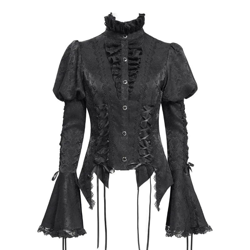 Gothic Floral Jacquard-Schnürhemd mit Puffärmeln für Damen Schwarz