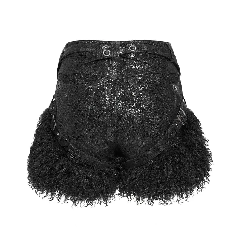 Damen-Shorts mit Punk-Schnallenriemen und Plüsch-Splice