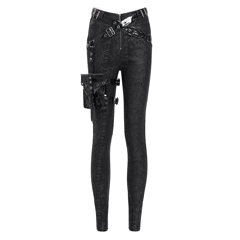 Damenhose mit Punk-Print und Schnallenriemen und Beintasche