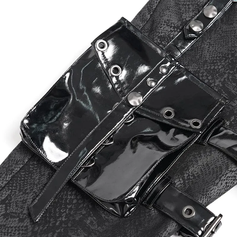Damenhose mit Punk-Print und Schnallenriemen und Beintasche