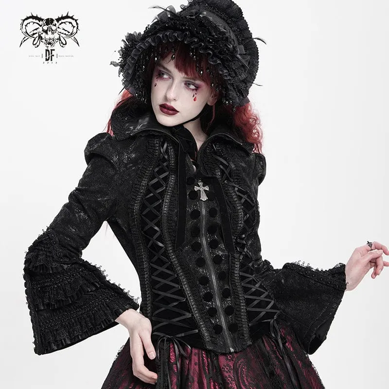 Gothic-Jacke für Damen mit Schnürung, Umlegekragen und ausgestellten Ärmeln