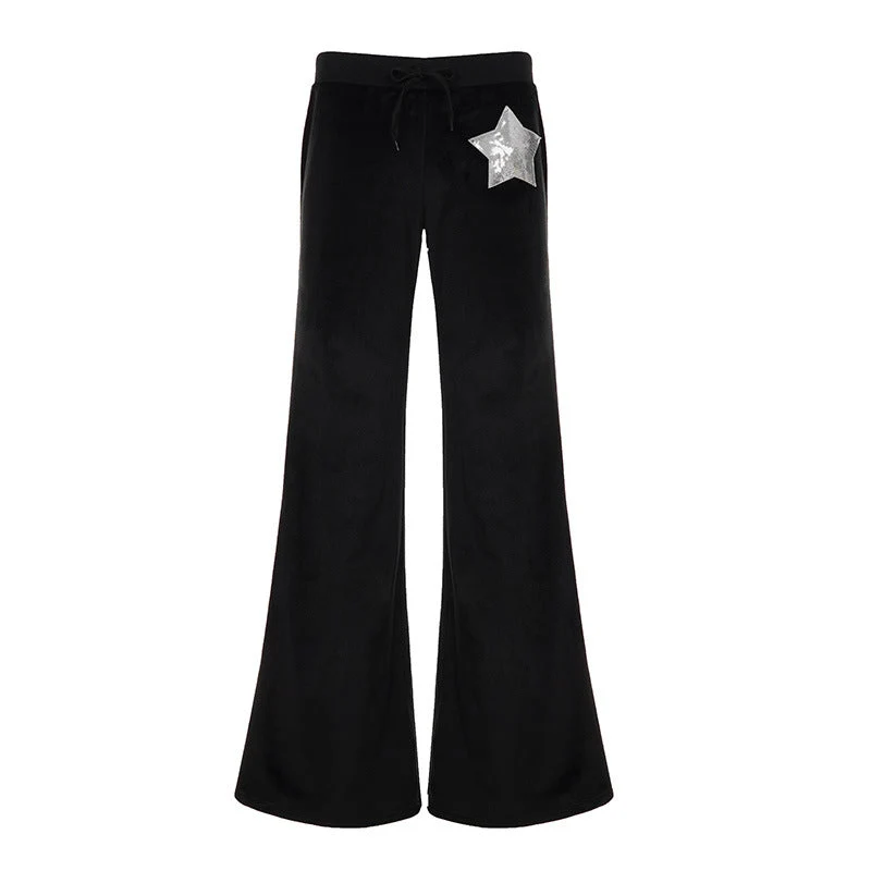 Drawstring velvet glitter star pattern wide leg pant