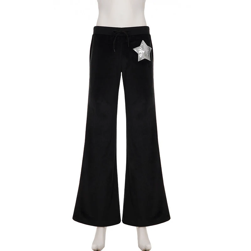 Drawstring velvet glitter star pattern wide leg pant