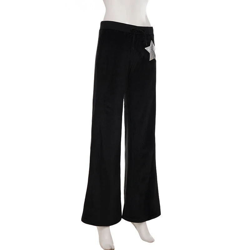 Drawstring velvet glitter star pattern wide leg pant