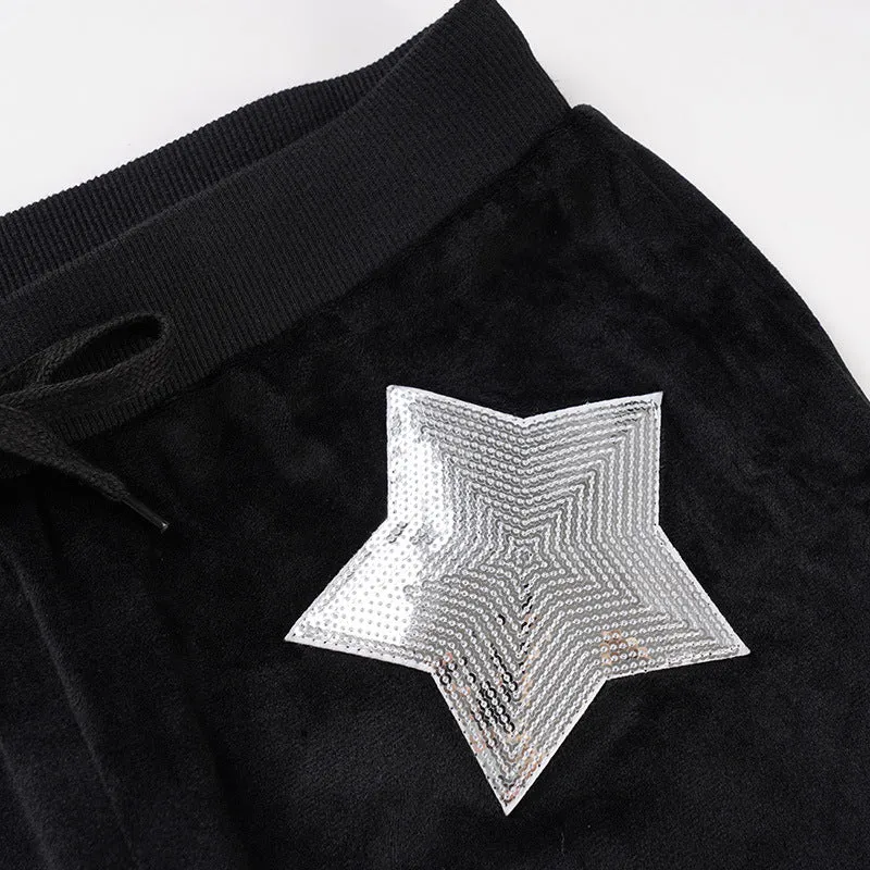 Drawstring velvet glitter star pattern wide leg pant
