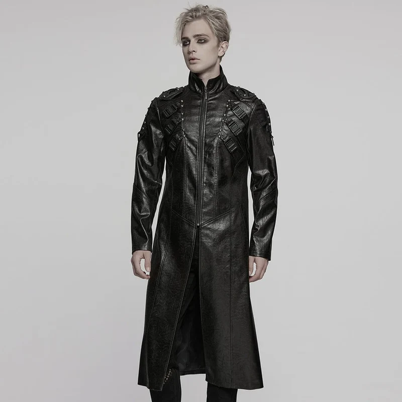 Herren Cyberpunk-Mantel aus Kunstleder mit Stehkragen und Schnalle