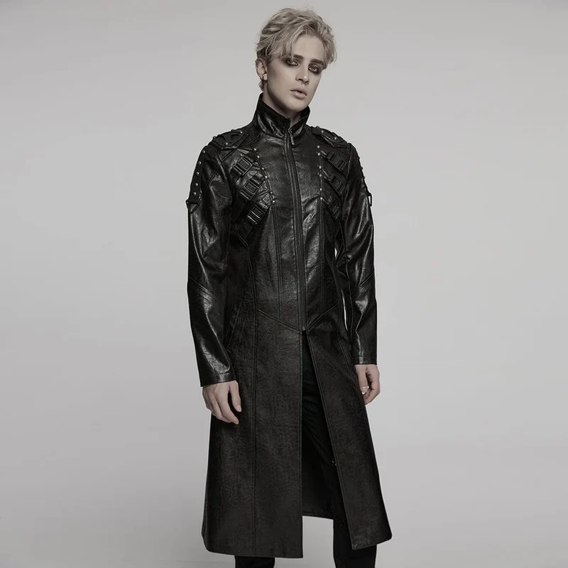 Herren Cyberpunk-Mantel aus Kunstleder mit Stehkragen und Schnalle