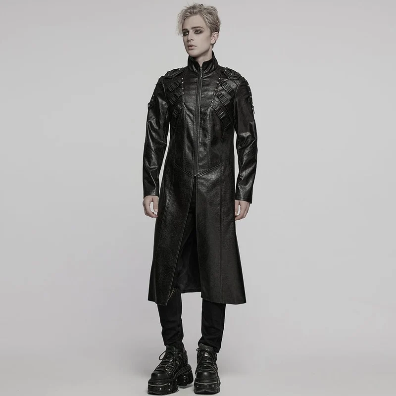 Herren Cyberpunk-Mantel aus Kunstleder mit Stehkragen und Schnalle