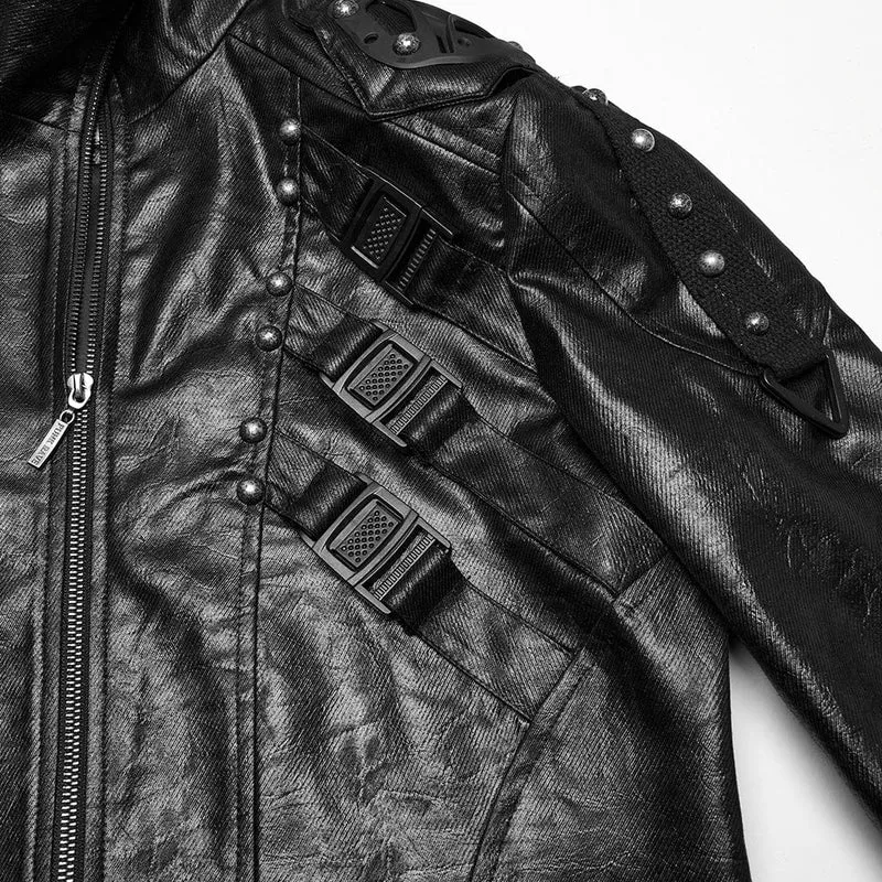 Herren Cyberpunk-Mantel aus Kunstleder mit Stehkragen und Schnalle