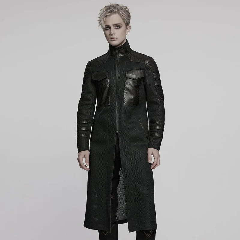 Herren Cyberpunk Stehkragen Mesh Splice Kunstledermantel