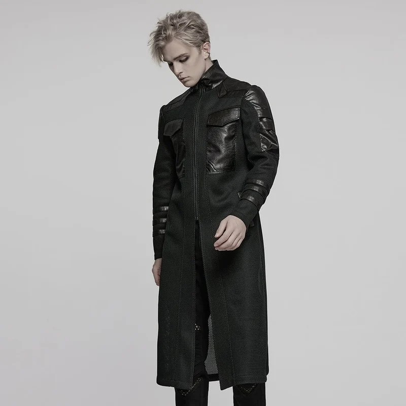 Herren Cyberpunk Stehkragen Mesh Splice Kunstledermantel