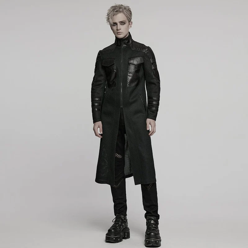 Herren Cyberpunk Stehkragen Mesh Splice Kunstledermantel