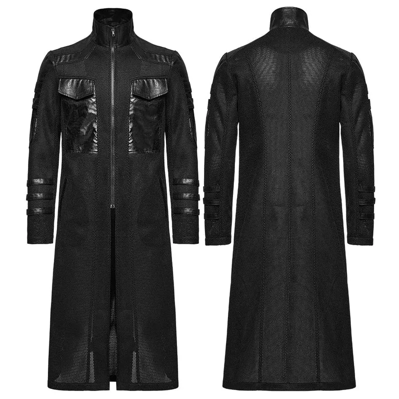 Herren Cyberpunk Stehkragen Mesh Splice Kunstledermantel