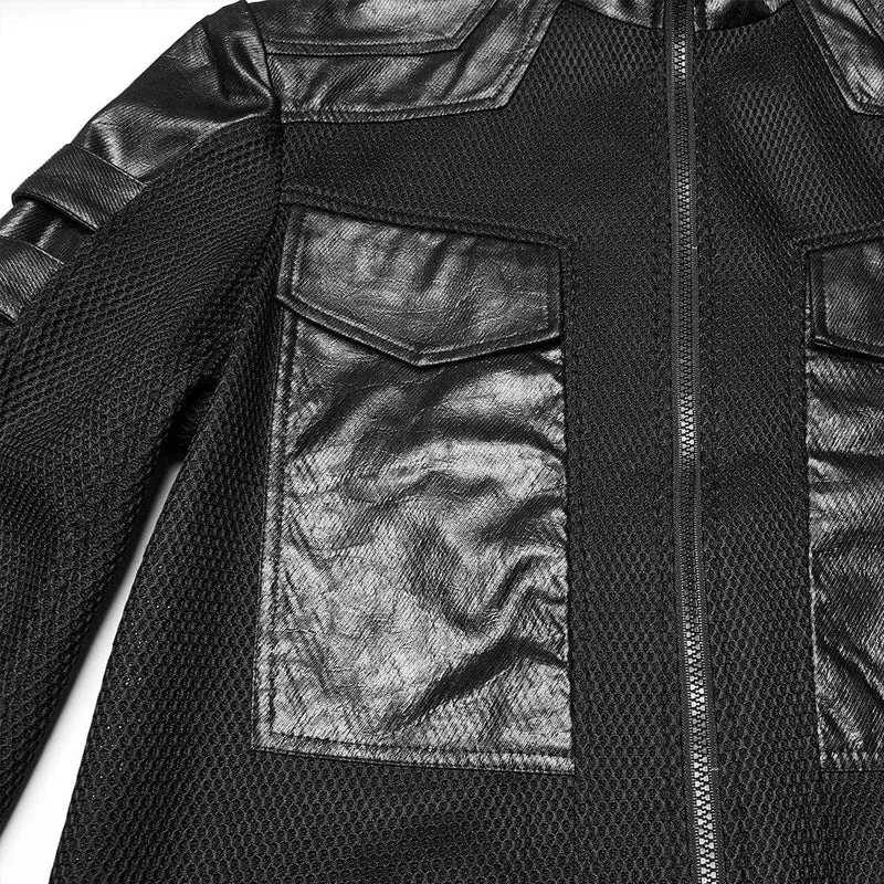 Herren Cyberpunk Stehkragen Mesh Splice Kunstledermantel