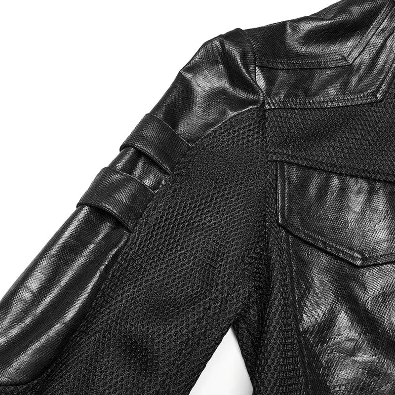 Herren Cyberpunk Stehkragen Mesh Splice Kunstledermantel
