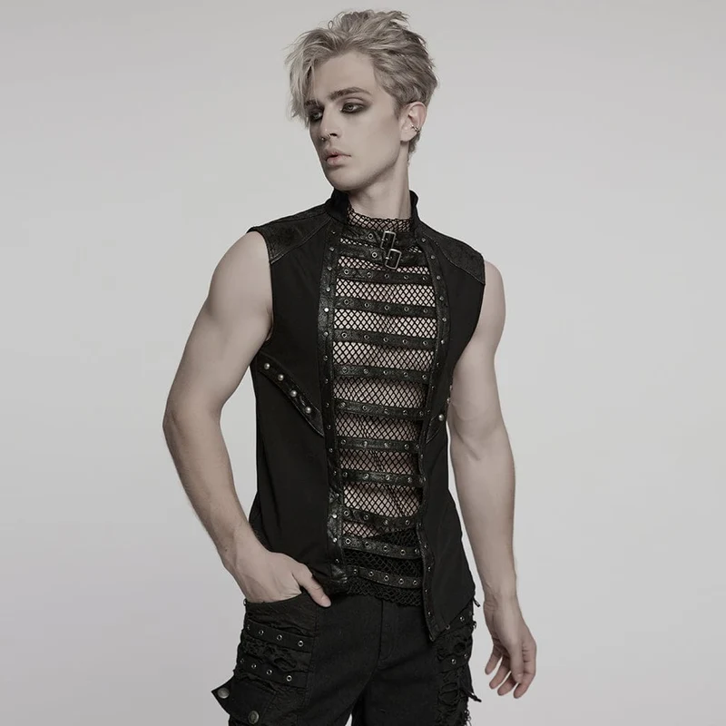 Herren Punk Ösenträger Mesh Splice Weste