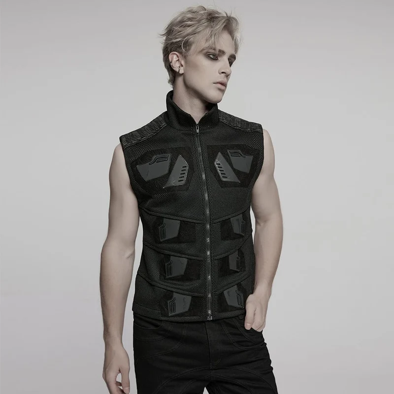 Herren Cyberpunk Stehkragen Kunstleder Splice Mesh Weste