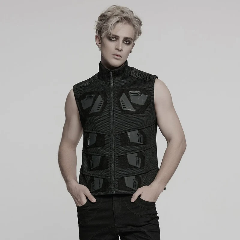 Herren Cyberpunk Stehkragen Kunstleder Splice Mesh Weste