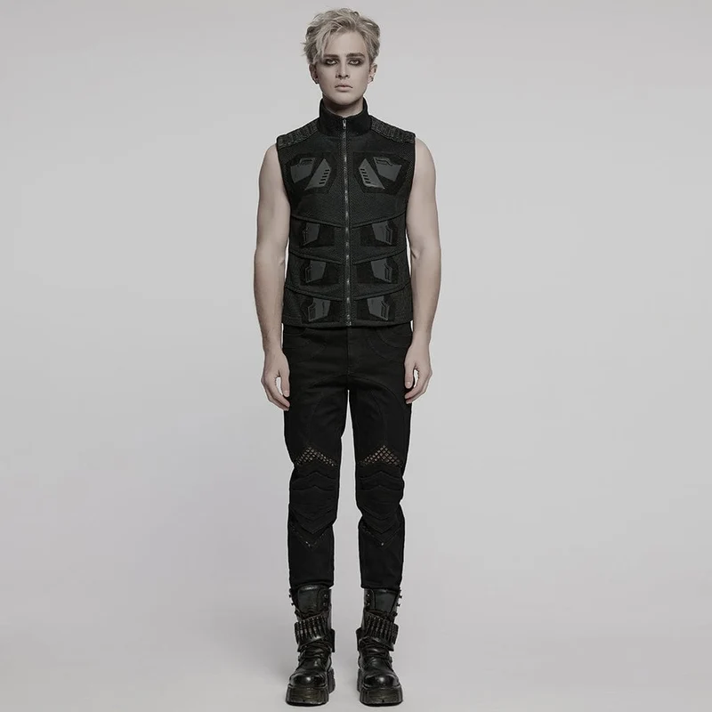 Herren Cyberpunk Stehkragen Kunstleder Splice Mesh Weste