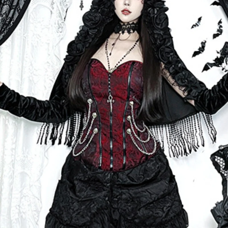 Corset sweetheart neck zip-up metal chain top