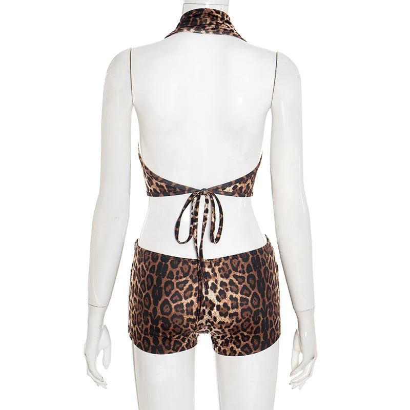 Halter leopard print self tie romper