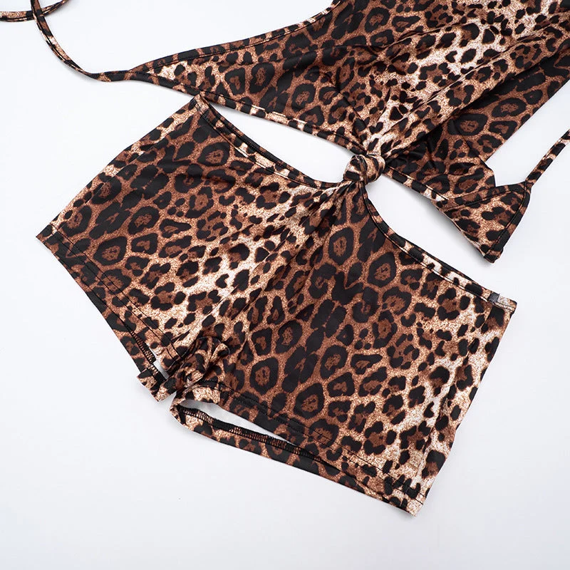 Halter leopard print self tie romper